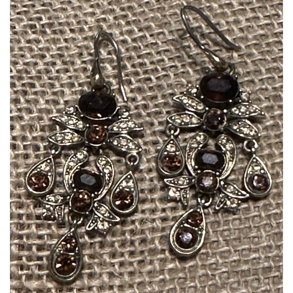 Vintage Monet Gold Tone Chandelier Earrings Cognac Glass Teardrop Rhinestones